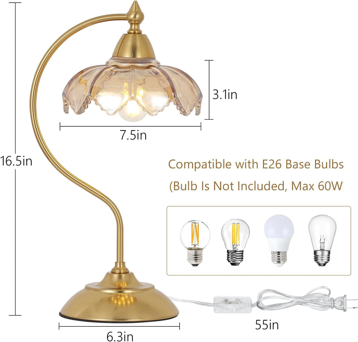 Table Lamps for Living Room, Flower Desk Lamp, Glass Beside Lamp for Nightstand, Gooseneck Small Table Lamp, Mid Century Modern Desk Light, Table Light for Bedroom Home Office Reading (Amber)