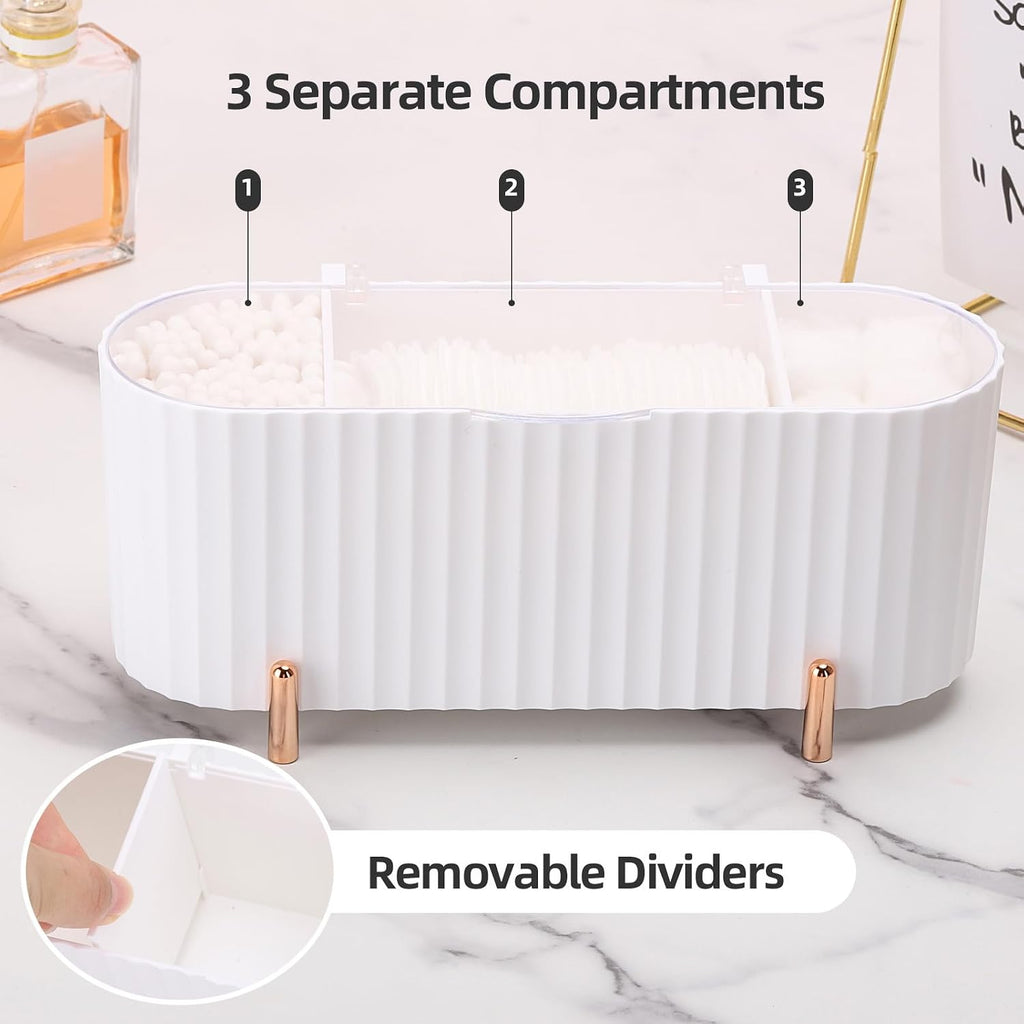 Tecbeauty Qtips Holder, 3 Grids Separate Cotton Swabs Ball Dispenser, Storage Box, Jar for Cotton Pads Bathroom Organizer Canisters - White