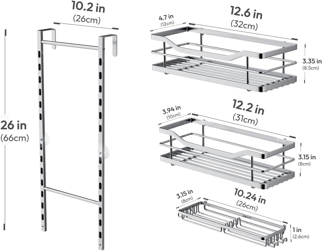 SWTYMIKI Over the Door Shower Caddy - 3 Tier Adjustable Shower Organizer Hanging with Soap Holder, No Drilling Stainless Steel Bathroom Rack Hanging for Body Wash, Shampoo, Soap, Razor, Silver