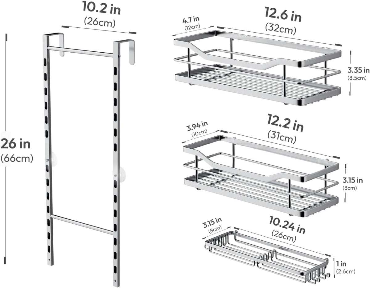 SWTYMIKI Over the Door Shower Caddy - 3 Tier Adjustable Shower Organizer Hanging with Soap Holder, No Drilling Stainless Steel Bathroom Rack Hanging for Body Wash, Shampoo, Soap, Razor, Silver