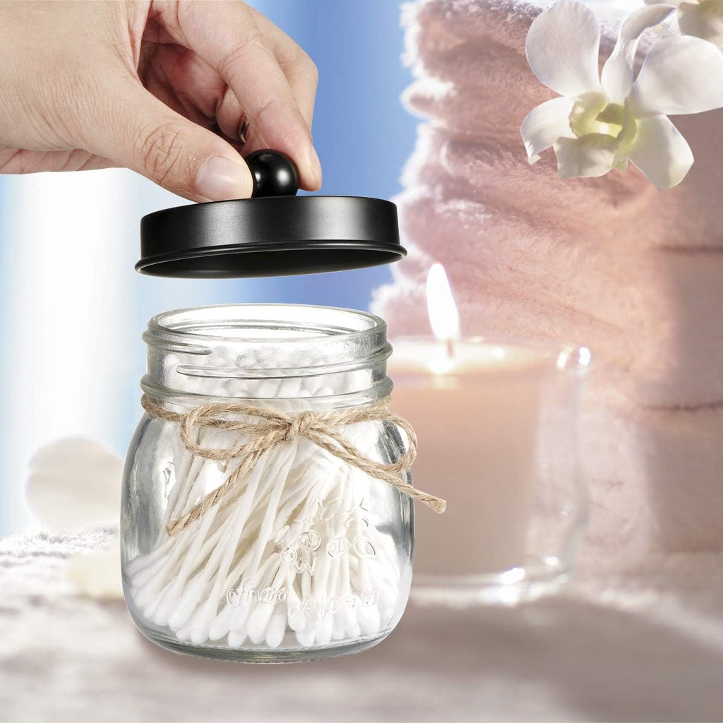 SheeChung Small Glass Mason Jar Qtip Holder with Black Stainless Steel Lid