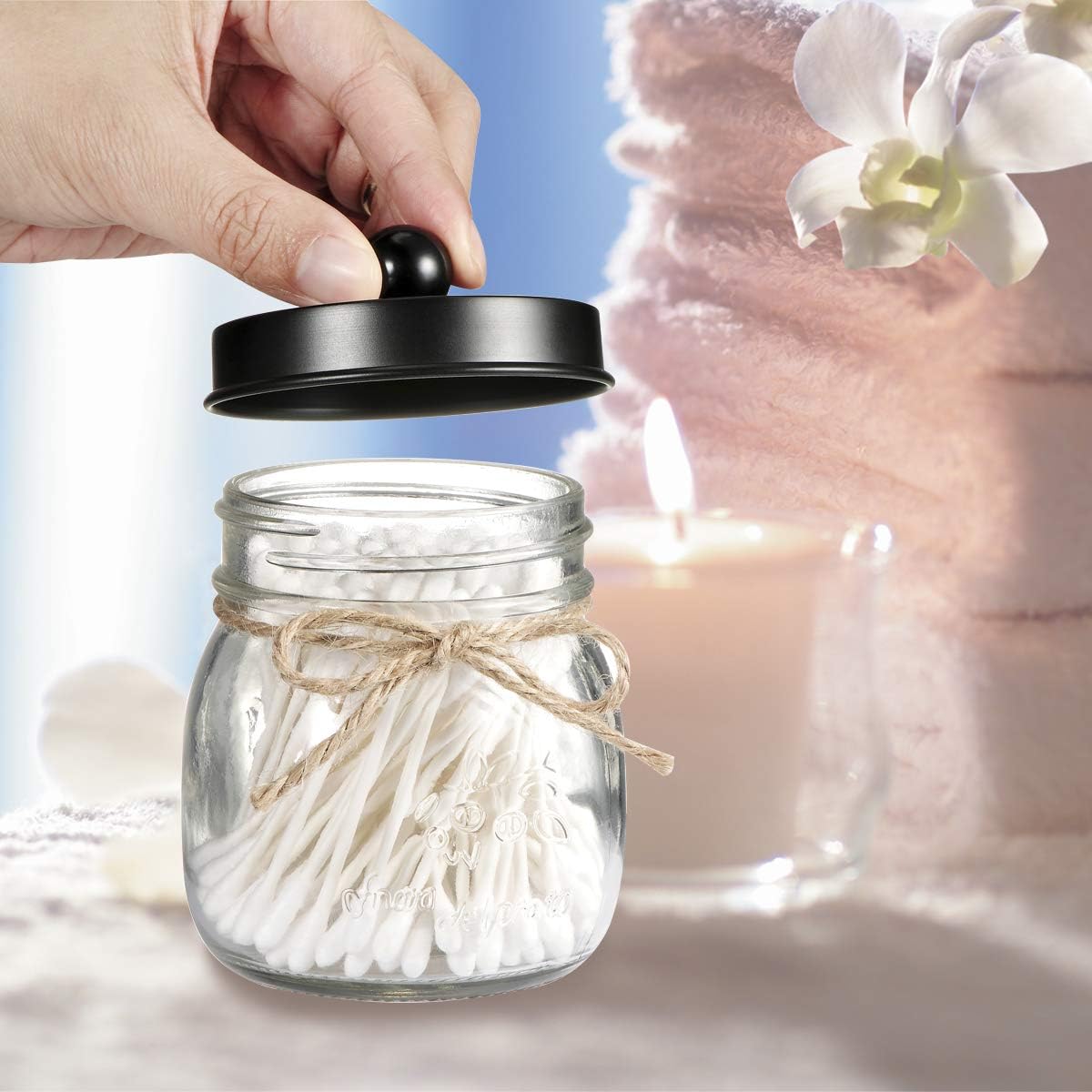SheeChung Small Glass Mason Jar Qtip Holder with Black Stainless Steel Lid