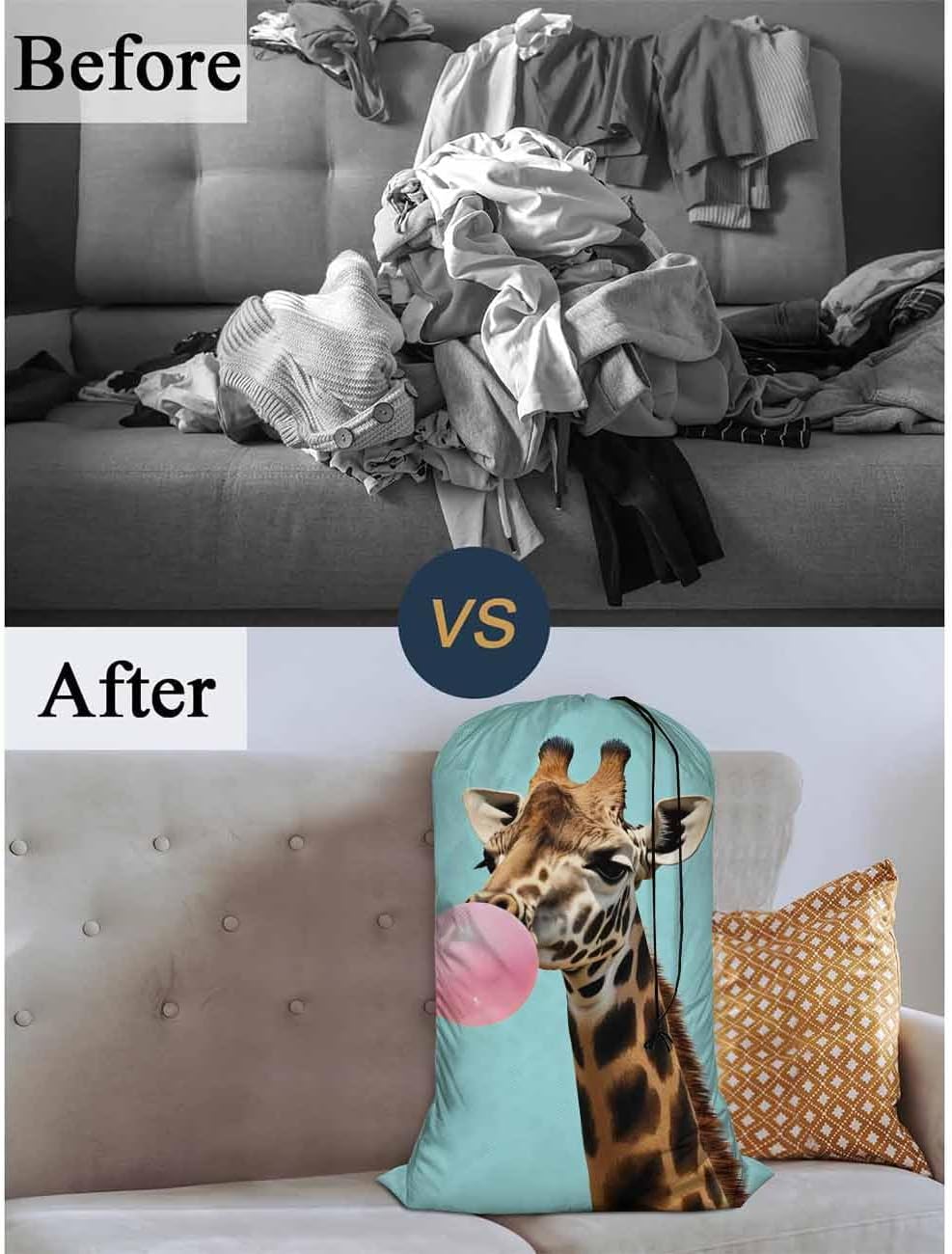Swono Giraffe With Bubble Gum Sturdy Laundry Basket Hamper, Animals Pink Cute Wildlife Foldable Laundry bag Clothing Organization for Bathroom Bedroom Home Dorm Travel, Blue