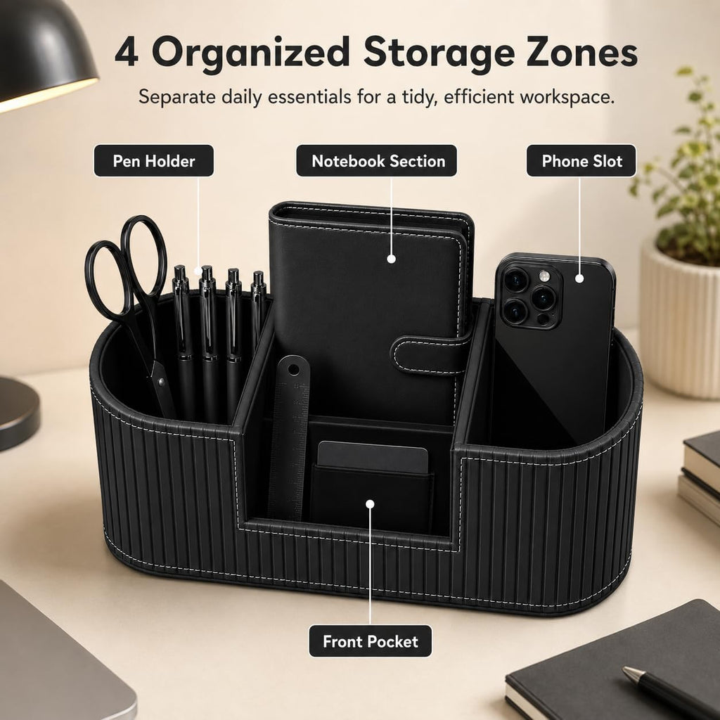 KINGFOM Modern Leather Desk Organizer for Men & Women, Aesthetic Office Desk Accessories Organizer, Faux Leather Vanity Organizer for Pens, Makeup Brushes, Remote Controls, Black Minimalist Desk Decor