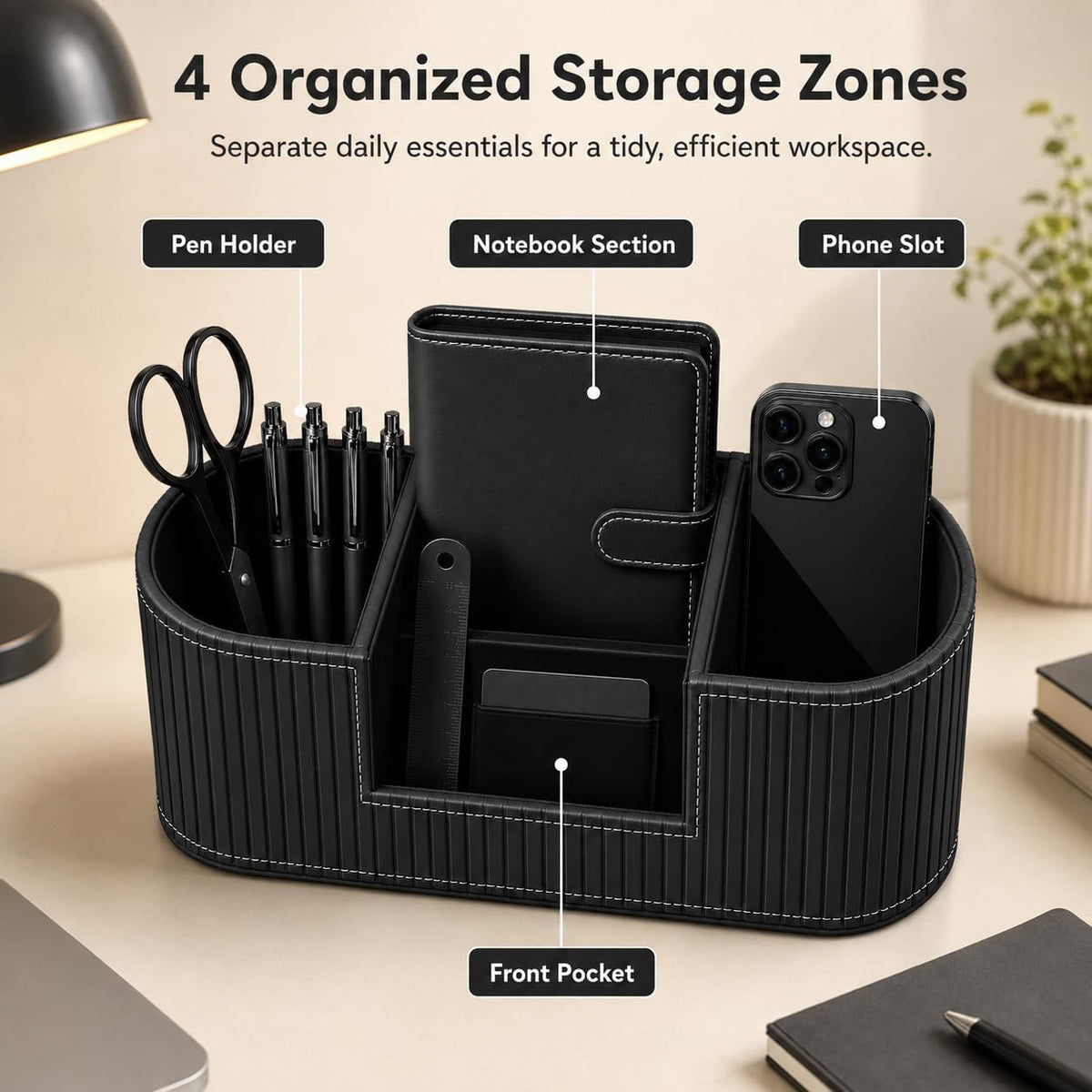 KINGFOM Modern Leather Desk Organizer for Men & Women, Aesthetic Office Desk Accessories Organizer, Faux Leather Vanity Organizer for Pens, Makeup Brushes, Remote Controls, Black Minimalist Desk Decor