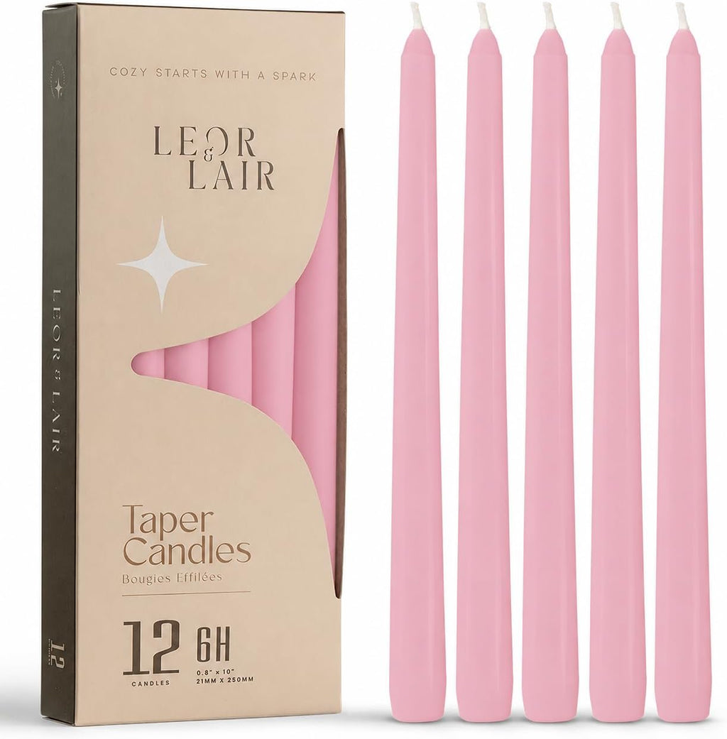 Leor & Lair Light Pink Taper Candles, 12 Pack, 10 Inch, Unscented