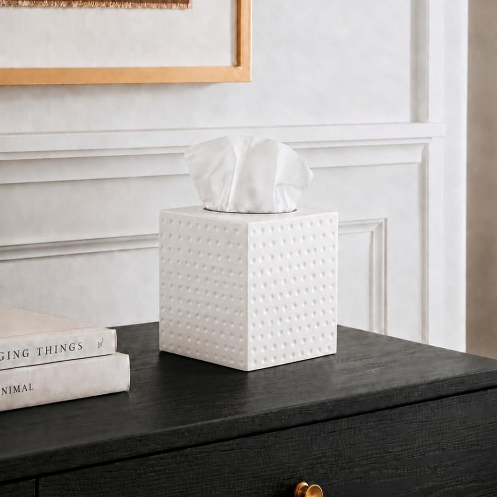 Monarch Abode Tissue Box Cover Square – Hand Hammered White Metal Tissue Holder Box for Bathroom Accessory, Aesthetic Decorative Facial Napkin Cube for Modern Home Decor
