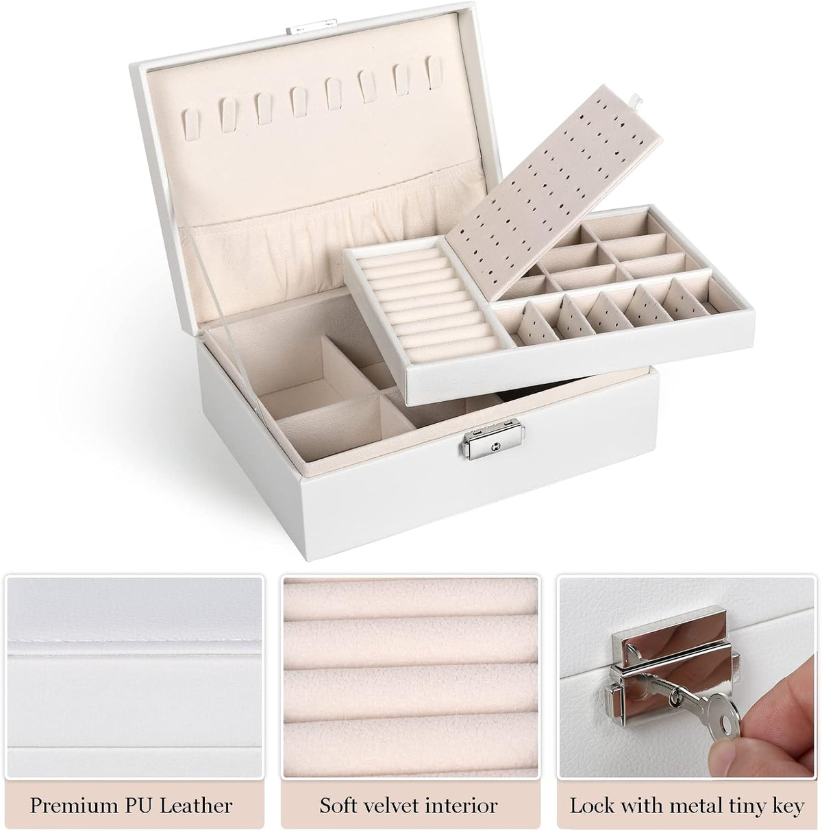 Jewelry Box for Women Girls, 2 Layers Jewelry Organizer Container with Lock, PU Leather Storage Case with Removable Tray, Jewelry Display Box for Necklaces Earrings Bracelets Rings Watches - White