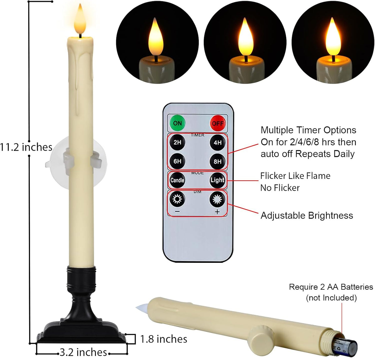 Homemory 6 Pcs Window Candles with Remote Timer Dimmer, Christmas Candles for Window Battery Operated, Ivory Flameless Taper Candle with Holders and Suctions, LED Candlesticks for Xmas Holiday Decor