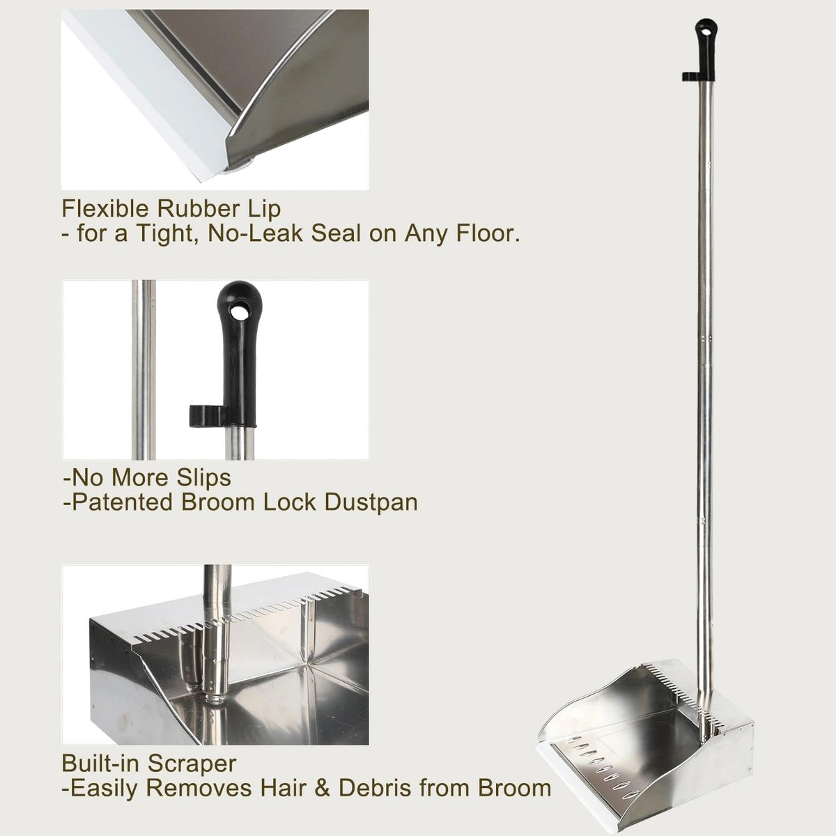 Metal Dust Pan with Long Handle, Stainless Steel Standing Dustpan