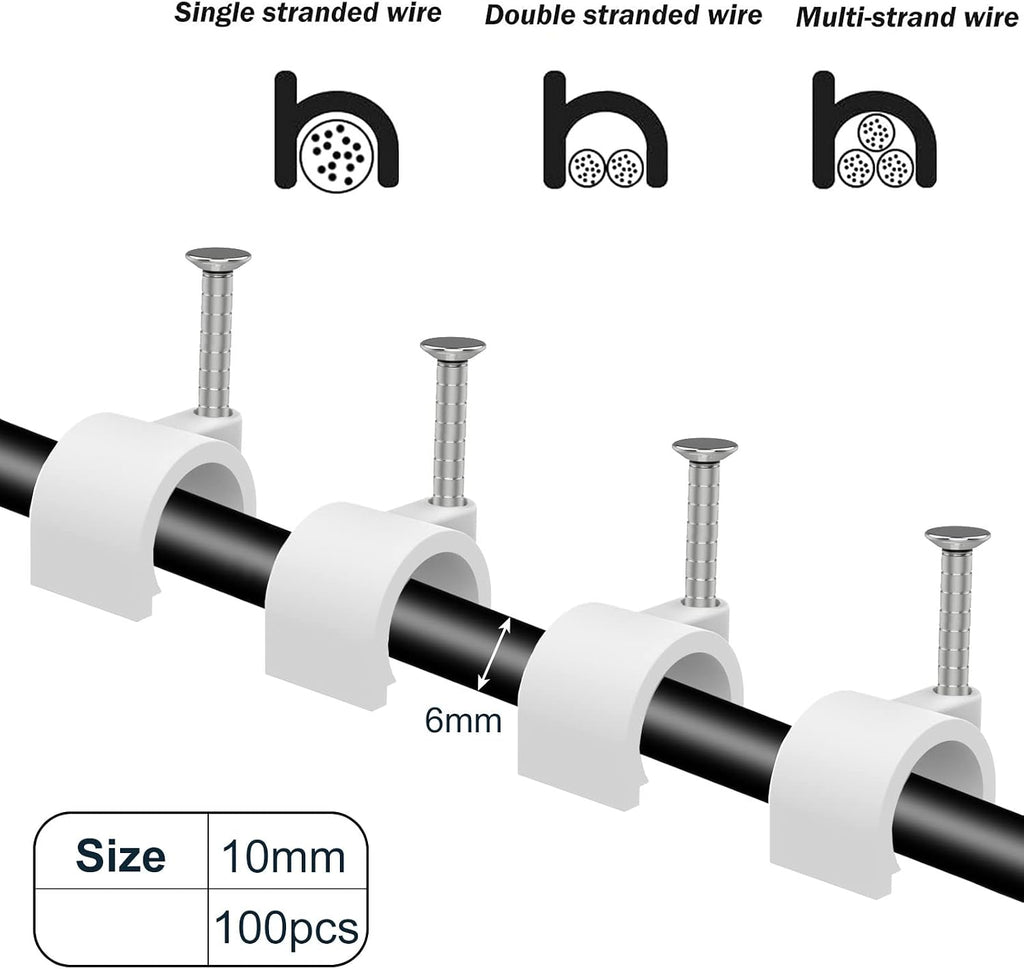 300 Pcs Nail in Cable Clips - 10mm, Coax, Speaker, Ethernet, Wall Wire Clips for Cords & Cables