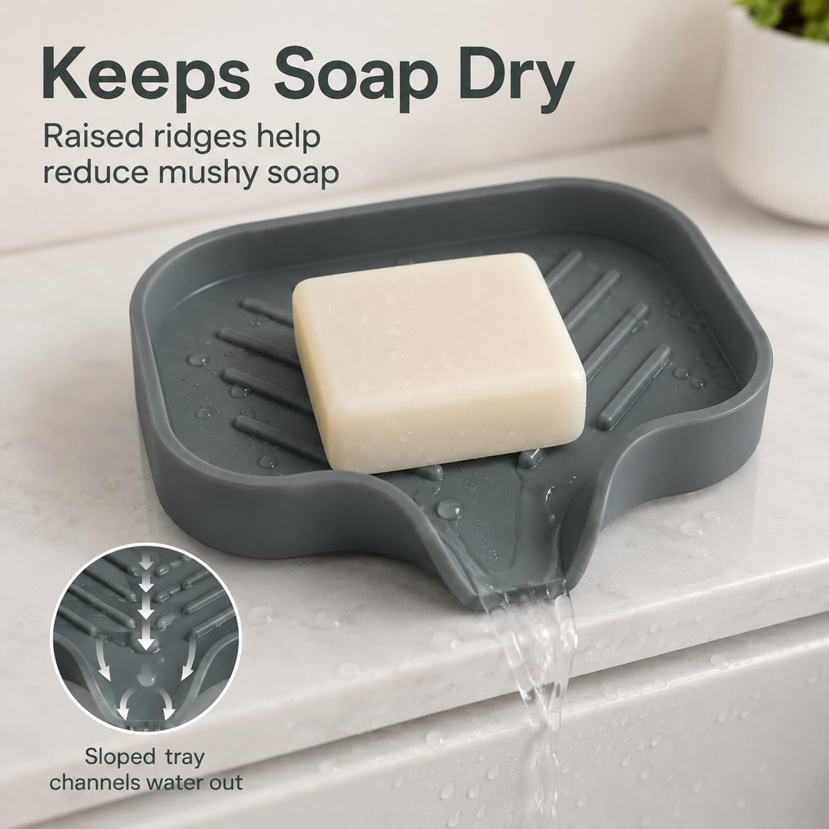 Silicone Soap Dish with Drain Spout, Self-Draining Soap Holder for Kitchen Sink & Bathroom, Non-Slip Silicone Sink Tray for Soap, Sponge, Brush & Dispenser, Dishwasher Safe, Gray (4.8"x3.8")