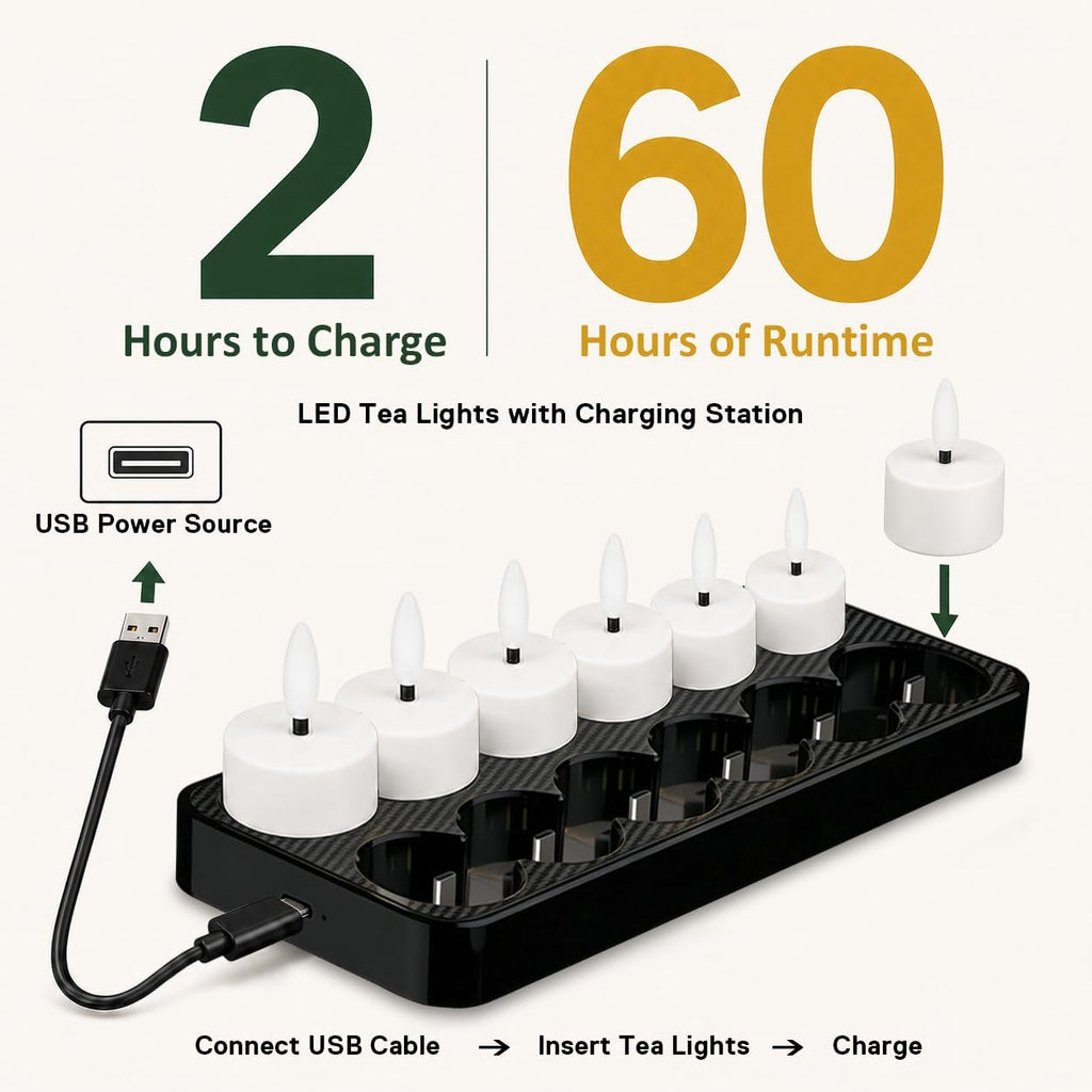 HL Rechargeable LED Tea Lights with USB Charging Base & Remote Timer