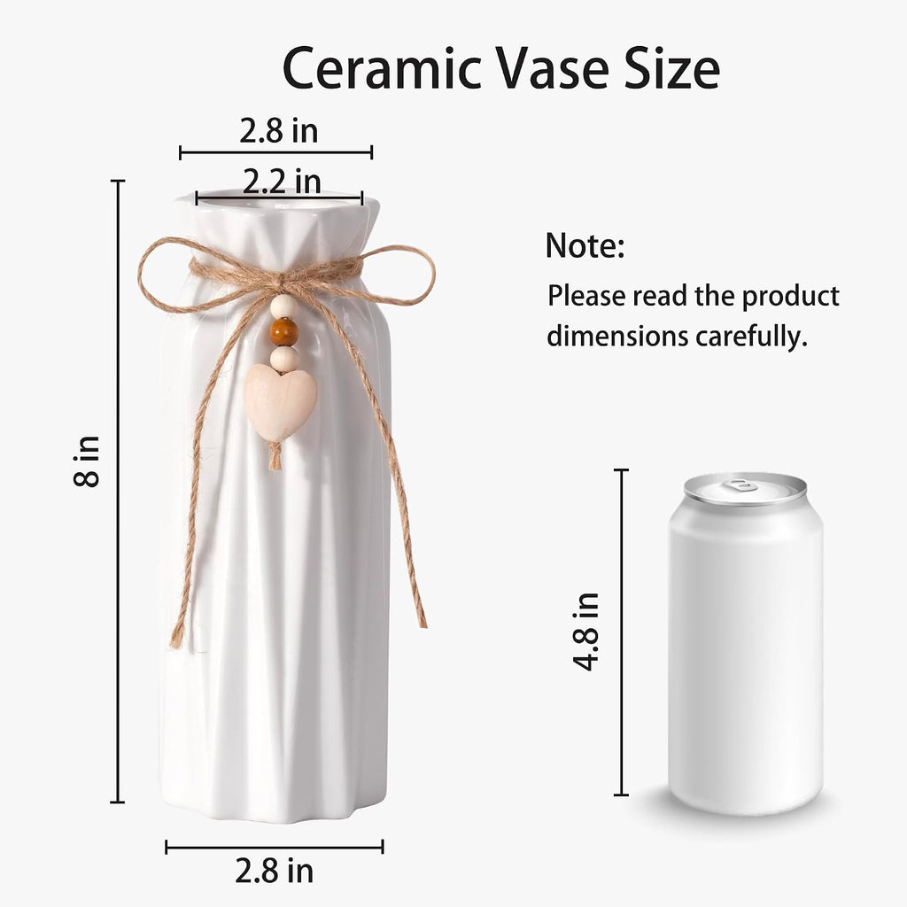 Elegant 8 Inch Ceramic Vase with Geometric Pattern, Decorative Vase with Jute Rope & Heart Charm for Home Décor, Table Centerpieces, and Gifts, Ideal for Living Room, Bedroom, and Office
