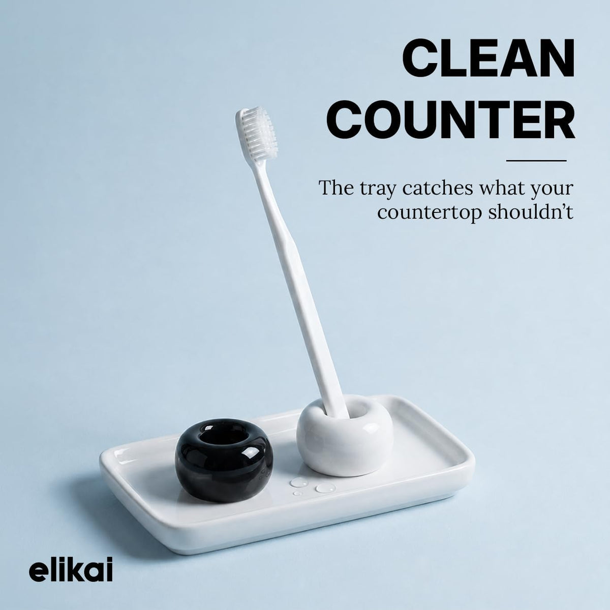 ELIKAI Ceramic Toothbrush Holders with Bathroom Tray, Countertop Organizer for Toothbrushes and Accessories, Hygienic Individual Holder Set (Black & White, 2 Pack)