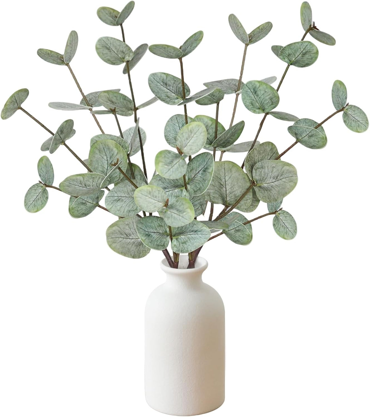 15" Artificial Eucalyptus Stems Potted Plant - Realistic Small Fake Desk Plants for Office Home Decor, Faux Plants in Frosted Ceramic Vase for Indoor Spaces, Wedding Centerpieces Table Decor-4pcs leaf