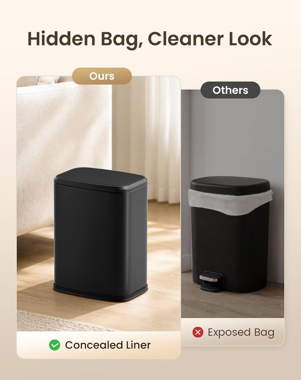 Cesun Small Bathroom Trash Can with Swing Lid, 2.1 Gallons, Black