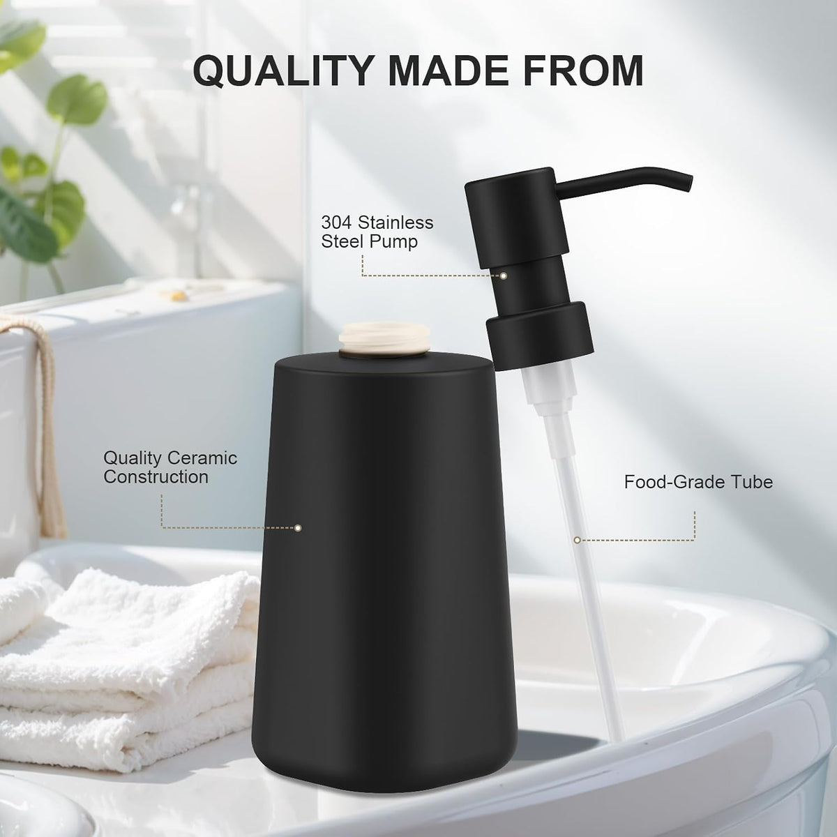 Ceramic Soap Dispenser Bathroom/Kitchen, Stainless Steel Pump