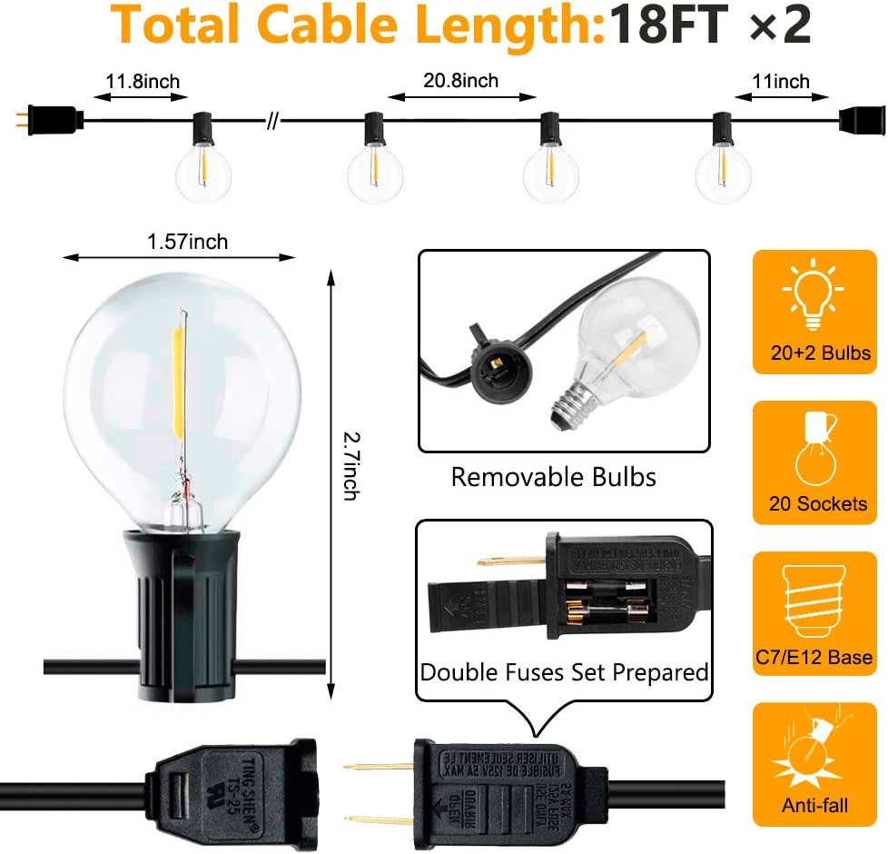 2-Pack 18Ft Outdoor Patio String Lights, Commercial Light String