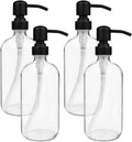 4 Pack Glass Soap Dispenser with Matte Black Stainless Steel Pump, 16 Oz Clear Boston Round Bottles Bathroom Kitchen Soap Dispenser for Essential Oil, Dish Soap, Hand Soap, Lotion Soap