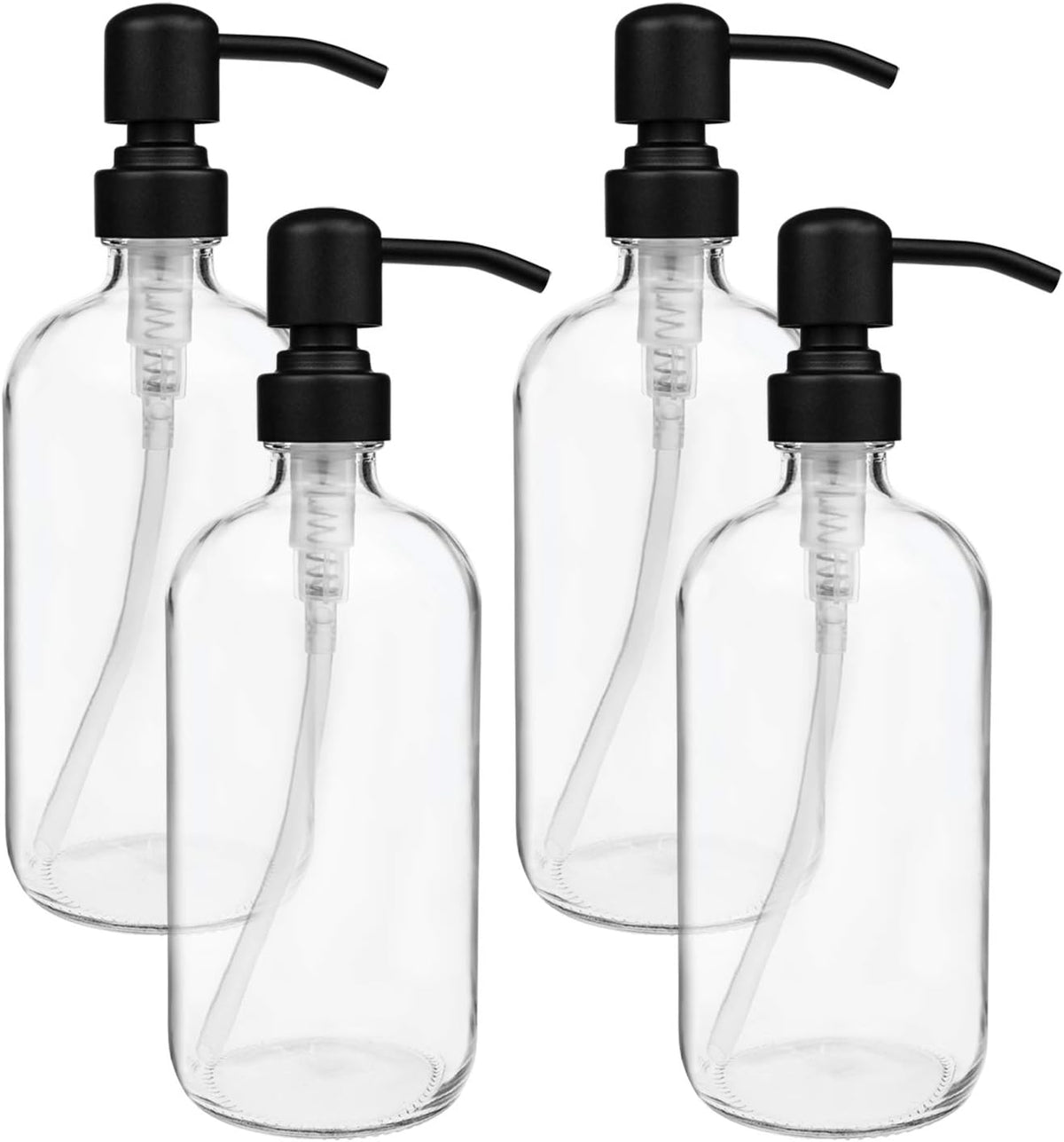 4 Pack Glass Soap Dispenser with Matte Black Stainless Steel Pump, 16 Oz Clear Boston Round Bottles Bathroom Kitchen Soap Dispenser for Essential Oil, Dish Soap, Hand Soap, Lotion Soap