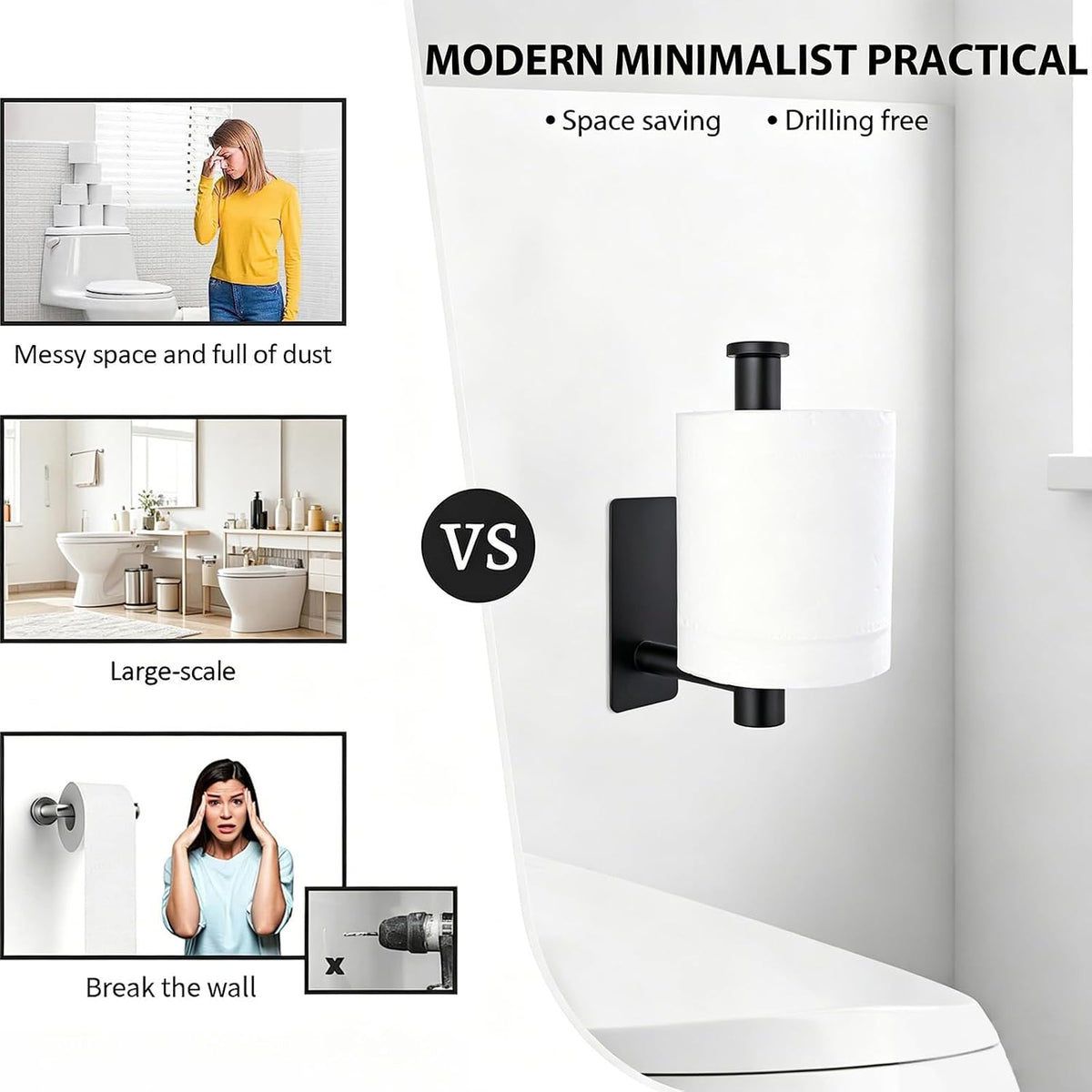 Toilet Paper Holder Wall Mount, Adhesive, Black