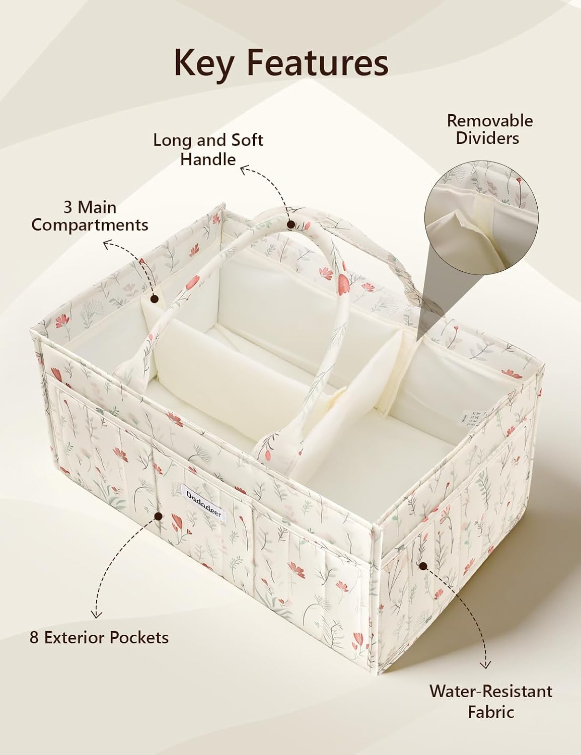 Quilted Floral Diaper Caddy Organizer, Nursery Storage Basket with Dividers