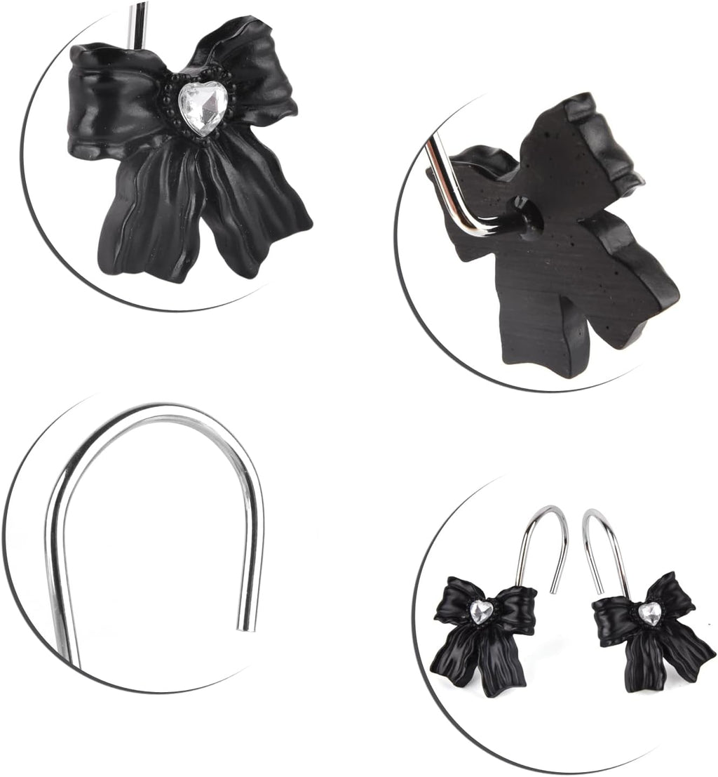 12PCS Shower Curtain Hooks Rings,Black Bow Resin Curtain Hooks Shower Rings for Bathroom Baby Room Nursery Art Decors