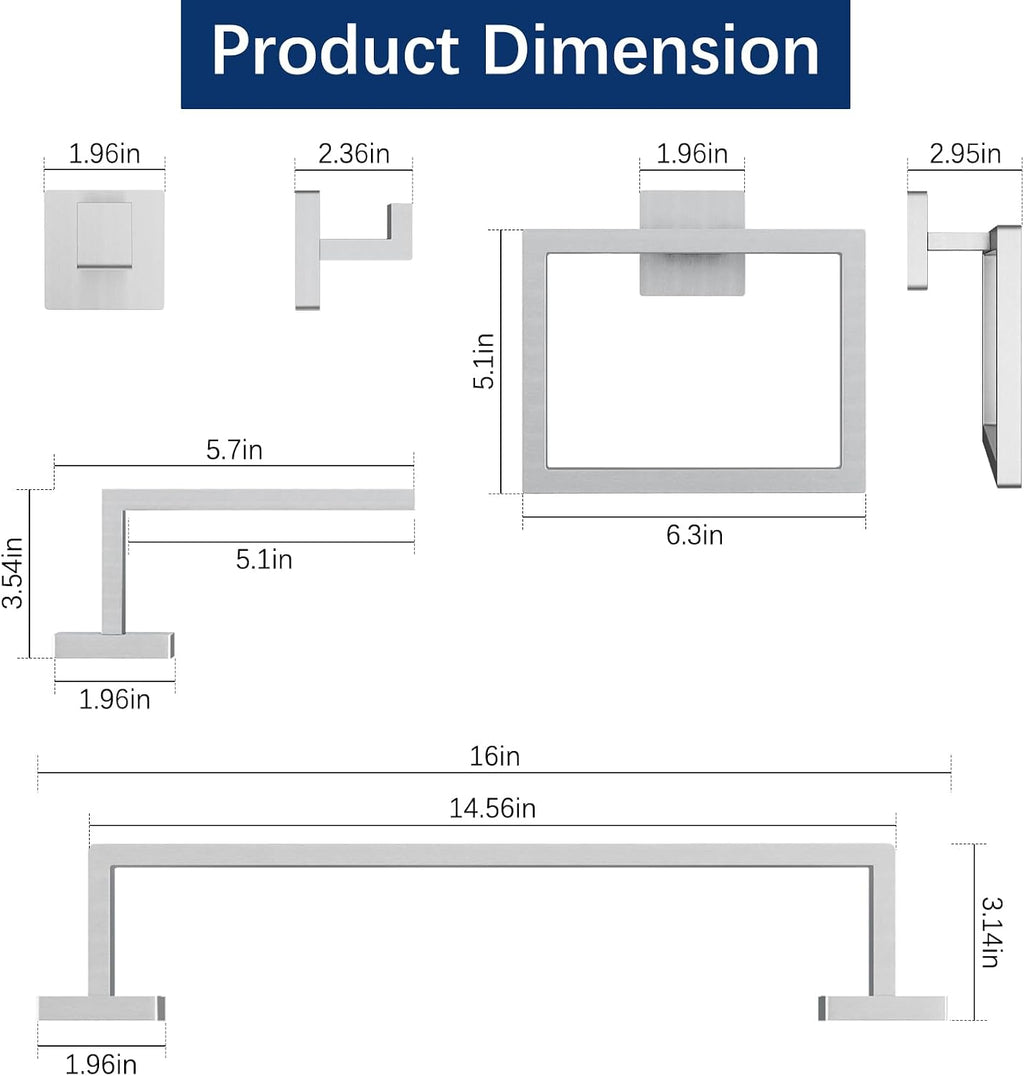 Gypie 16Inch Bathroom Accessory Set Wall Mounted, Brushed Nickel 5-Pieces