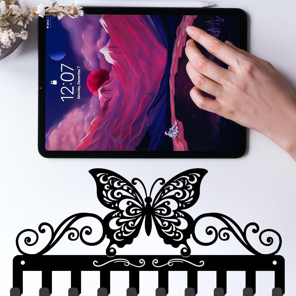 SUPERDANT Butterfly Metal Key Hook Curly Pattern Decorative 10 Hooks Black Key Hanger Organizer Wall Hanging Hooks Personalized Holder Rack Dog Leash Hanger for Home Wall Front Door 13x5.9in