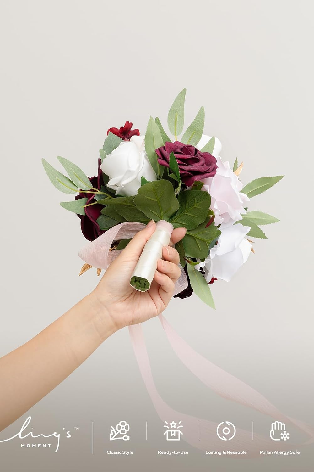 Ling's moment Artificial Flowers Red Bridesmaid Bouquet, Marsala & Blush Wedding Flowers Bouquets for Bridesmaids, 7 Inch Bridal Bouquets for Bridesmaids, Wedding Decor, Ceremony, etc