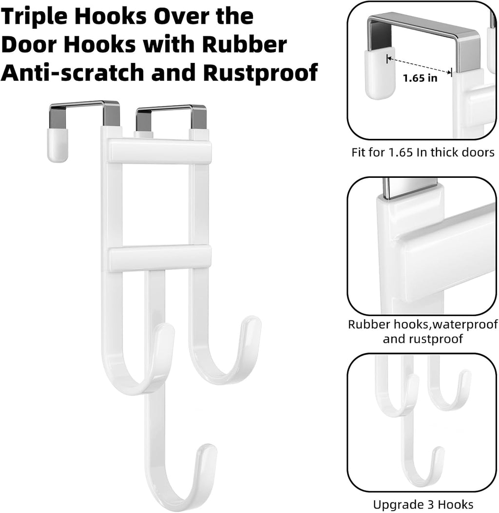 2 Packs Over-the-Door Hooks, Fits 1 1/2 Inch Interior Doors, No Installation Required, 100 Lb Heavy Duty with Rubber Anti-Scratch, Space-Saving Hangers for Bathroom, Bedroom, Kitchen, Office, White