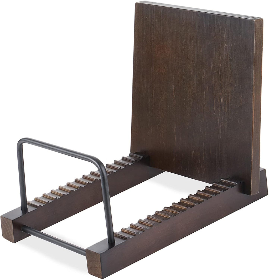 Mkono Vinyl Record Storage Holder Modern Album Display Solid Wood Stand with Black Metal Rack Farmhouse Home Decor Organizer for Vinyl Record, Holds up to 30 Albums, 11.8''L x 7''W x 8.7''H, Brown