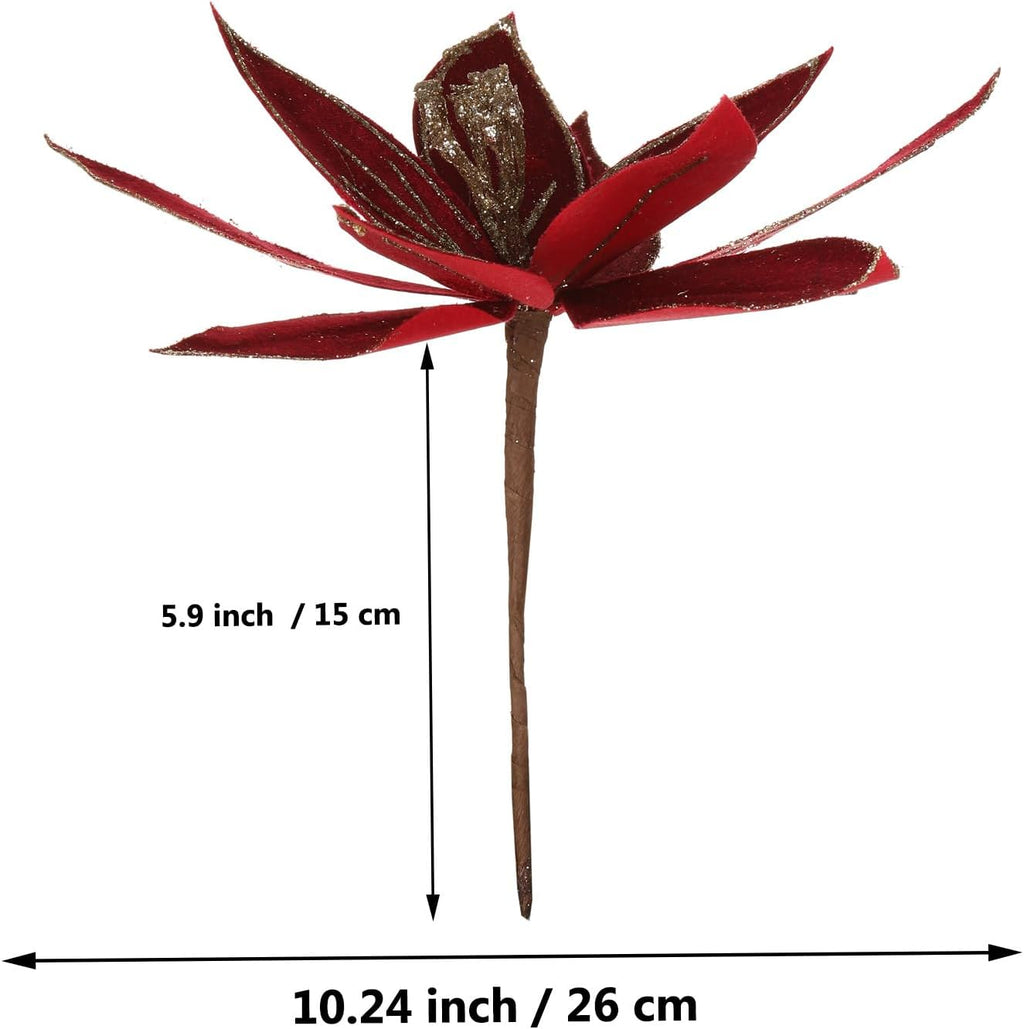 10.2’’ Large Glitter Christmas Flowers 6 Pcs Artificial Poinsettia Flower Velvet Christmas Tree Flower Ornaments Fold Floral for Christmas Decorations New Year Party Wedding (Wine Red)