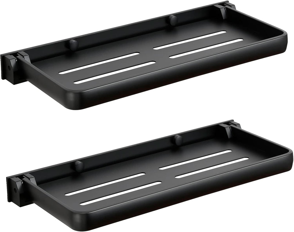 Small Folding Wall Shelf for Bathroom & RV - 90° Fold Up and Waterproof, Small Floating Metal Shelf for Laundry Room, Toilet Room & Sink Side, Aluminum, Save Space (2-Pack, Black)