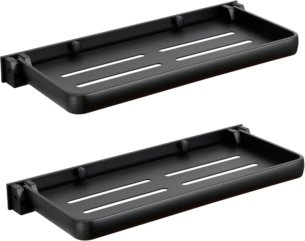 Small Folding Wall Shelf for Bathroom & RV - 90° Fold Up and Waterproof, Small Floating Metal Shelf for Laundry Room, Toilet Room & Sink Side, Aluminum, Save Space (2-Pack, Black)
