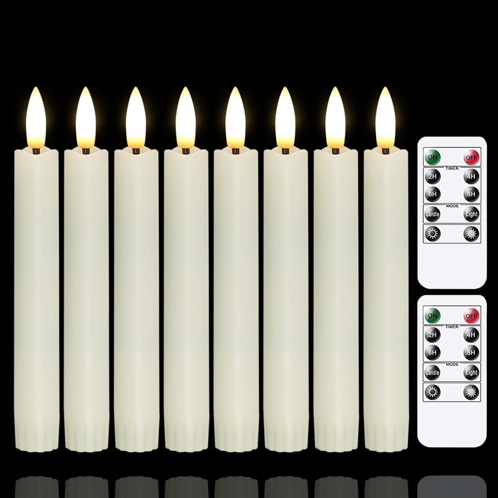 Yeelida Battery Operated Flameless Taper Candles with Two Remote Timer, 6.4" LED 3D-Wick Window Candles, Flickering Long-Lasting Warm Light Electric Pack of 8 Flameless Candlesticks (0.78" Dia, Ivory)