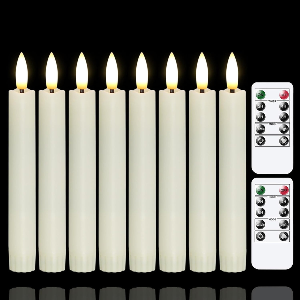 Yeelida Battery Operated Flameless Taper Candles with Two Remote Timer, 6.4" LED 3D-Wick Window Candles, Flickering Long-Lasting Warm Light Electric Pack of 8 Flameless Candlesticks (0.78" Dia, Ivory)