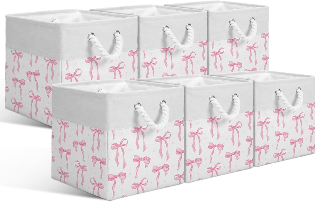 Light Pink Bow Cube Storage Bin Set of 6 Cube Storage Basket, 11.22 Inch