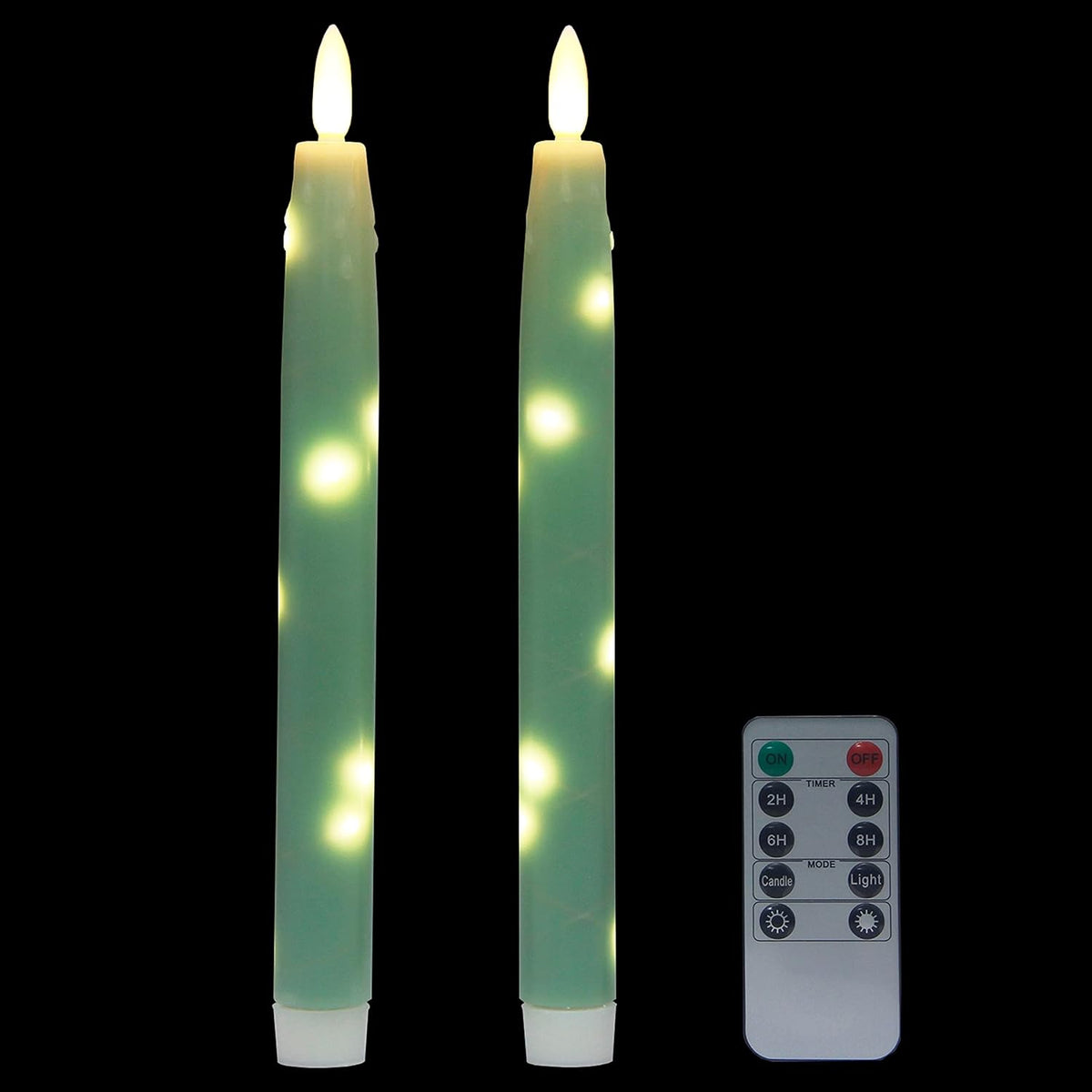Flameless Flickering Taper Candles Battery Operated with Embedded String Lights, wtih Timer and Remote, LED Real Wax Tapered Dinner Candle Set of 2 (Green)