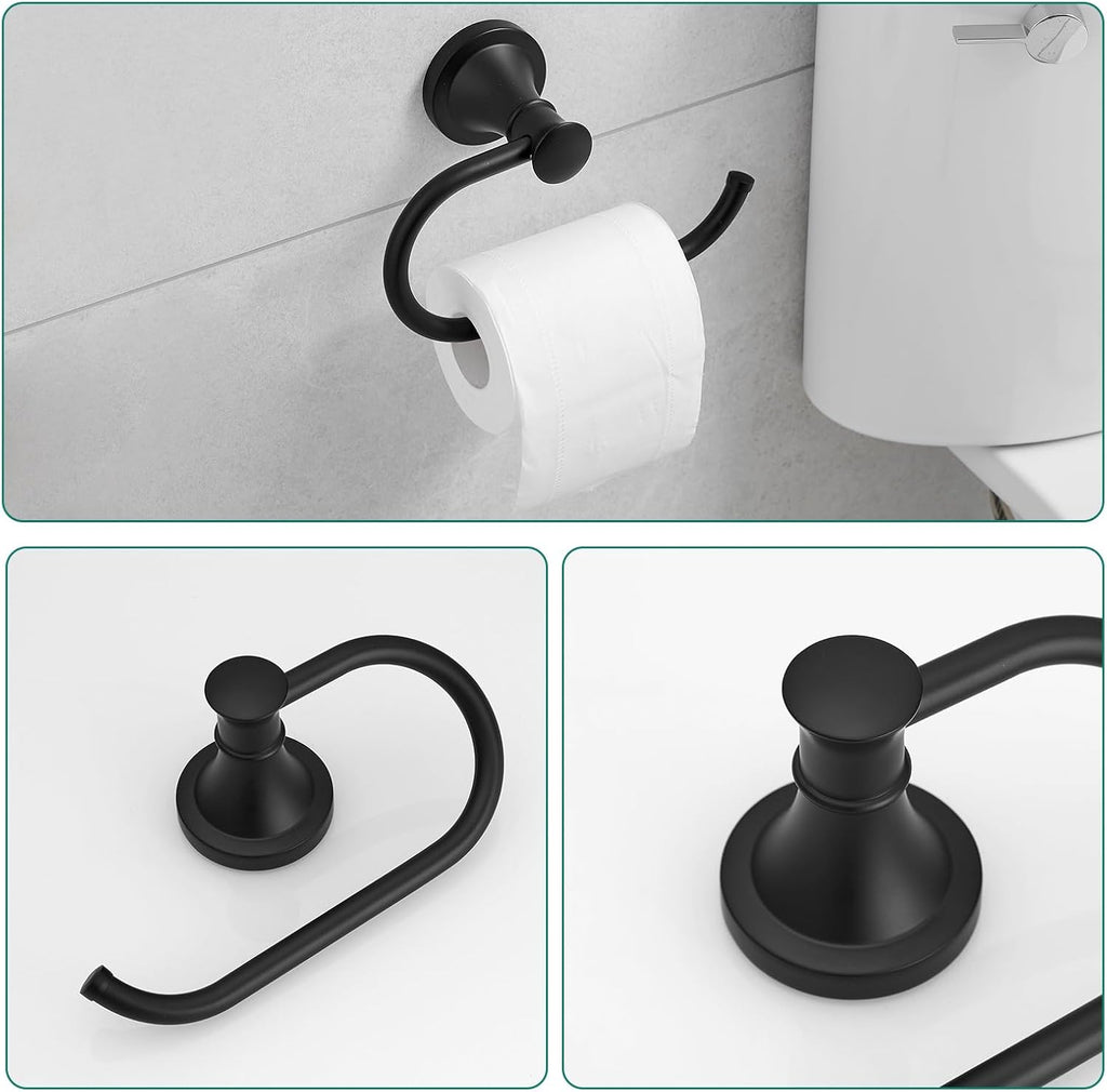 Hoimpro Matte Black 4-Piece Bathroom Bath Set, Wall Mount Bathroom Hardware Fixture (Adjustable Towel Bar Rack, Towel Ring Holder, Paper Towel Holder, Double Towel Hook), Bathroom Accessories