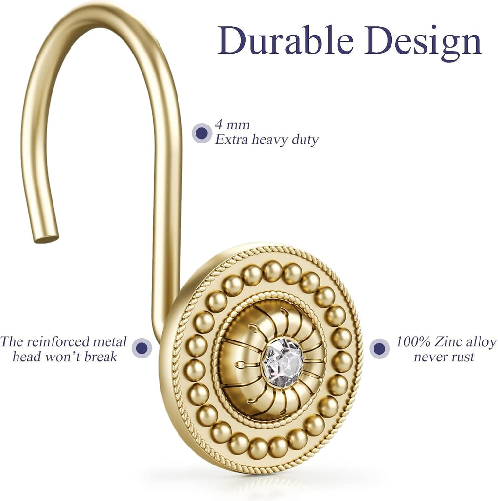 Gold Rhinestone Shower Curtain Hooks, 12 Pack Rustproof Metal Rings