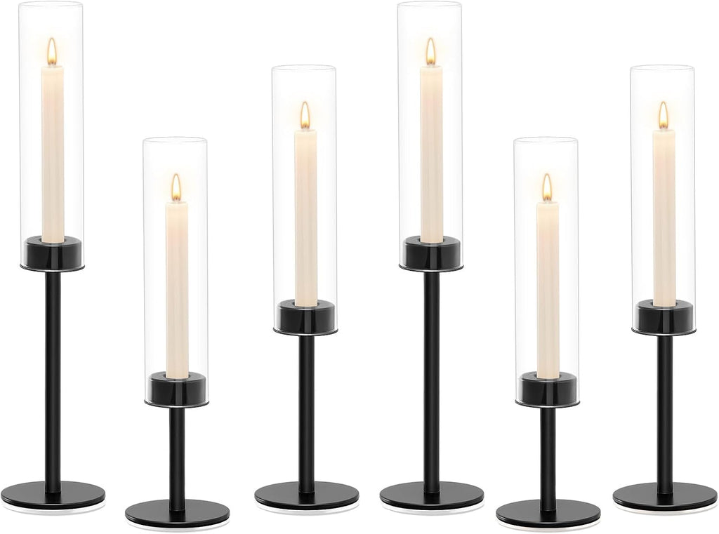 Black Hurricane Glass Candle Holders Set of 6 Tall Taper Candlestick Holder