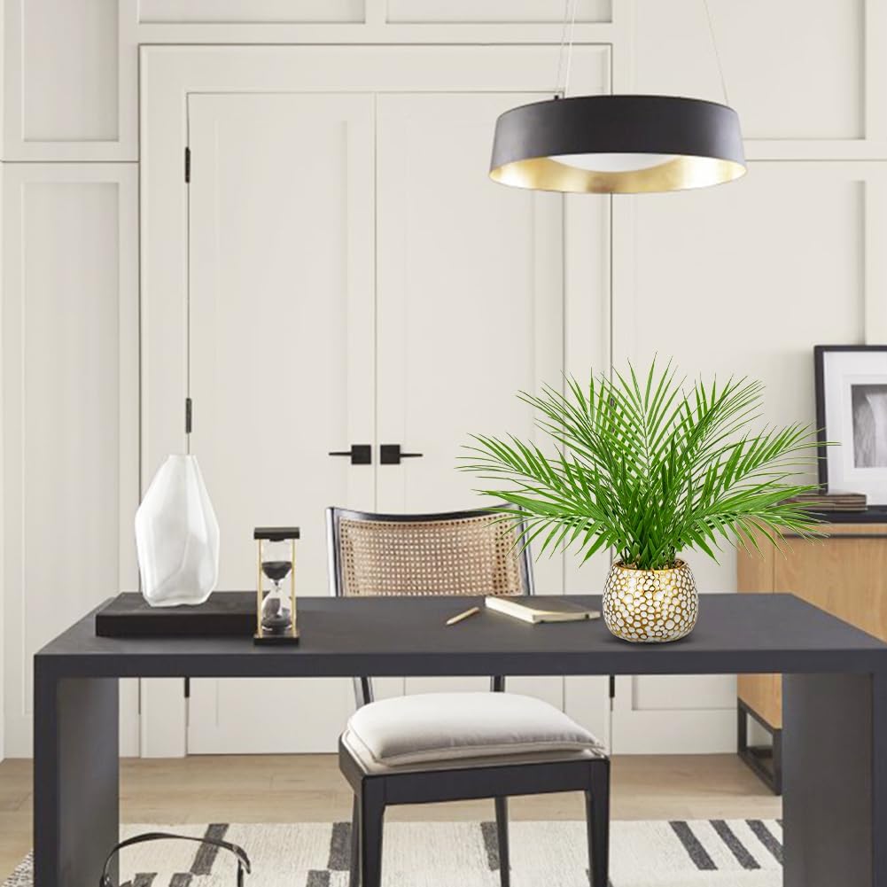 Briful Fake Plants 15'' Faux Palm Plant in Gold-White Pot | Realistic Tropical Artificial Plants Indoor for Home Farmhouse Mini Palm Tree Centerpieces for Tables Outdoors Kitchen Top Decor