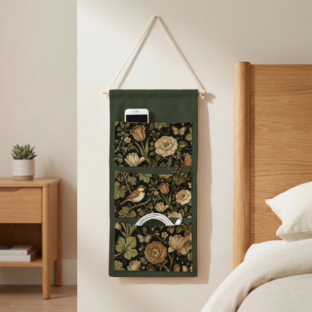 IAXIC Dark Tone Bird Tulip Floral Canvas Wall Hanging Organizer with Pocket