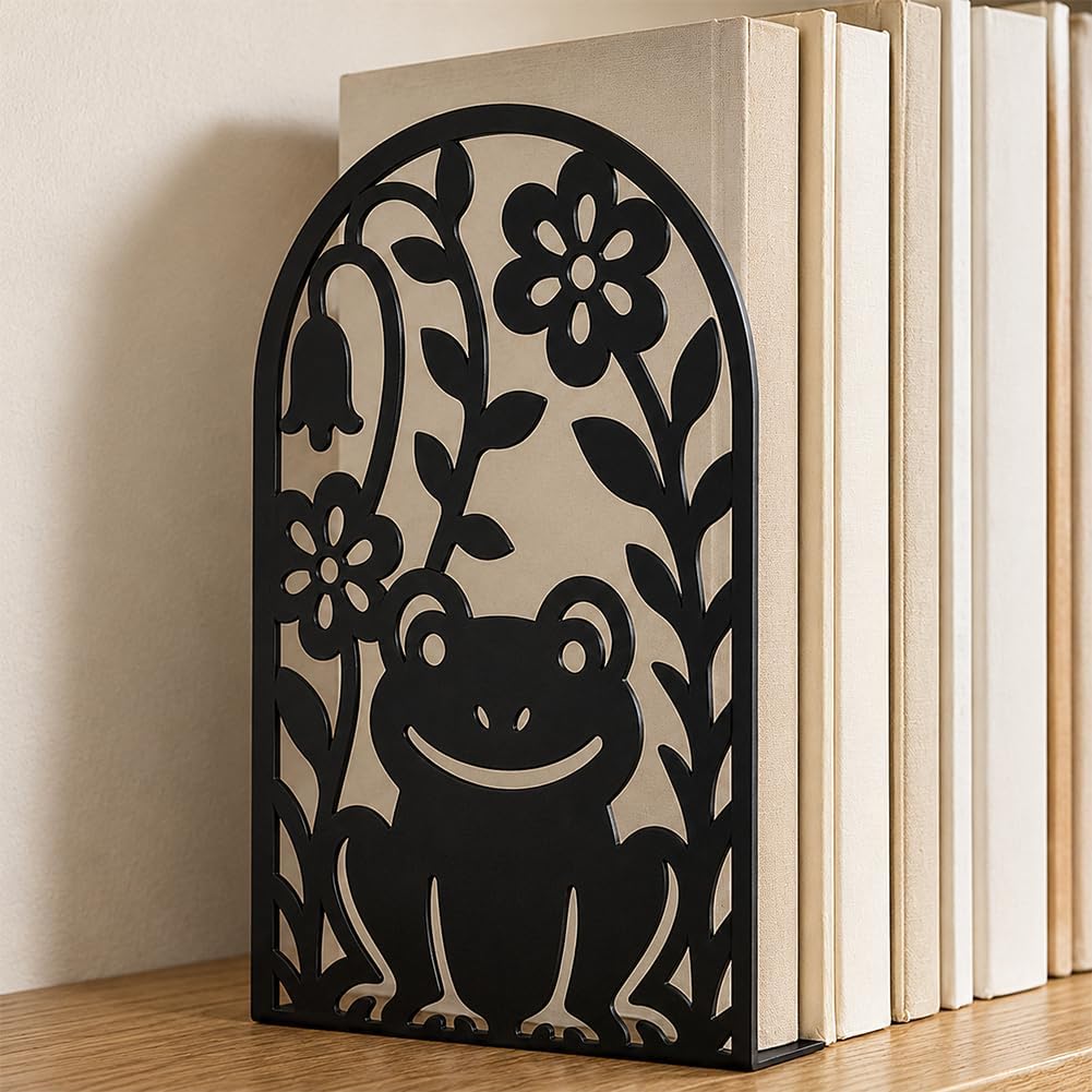 1 Pairs Cute Frog Metal Bookends, Heavy Duty Black Book Support, Modern Creative Books Organiser Stopper for Shelves Bookshelf Office Home Decor, Bookworms & Animal Lovers Gift