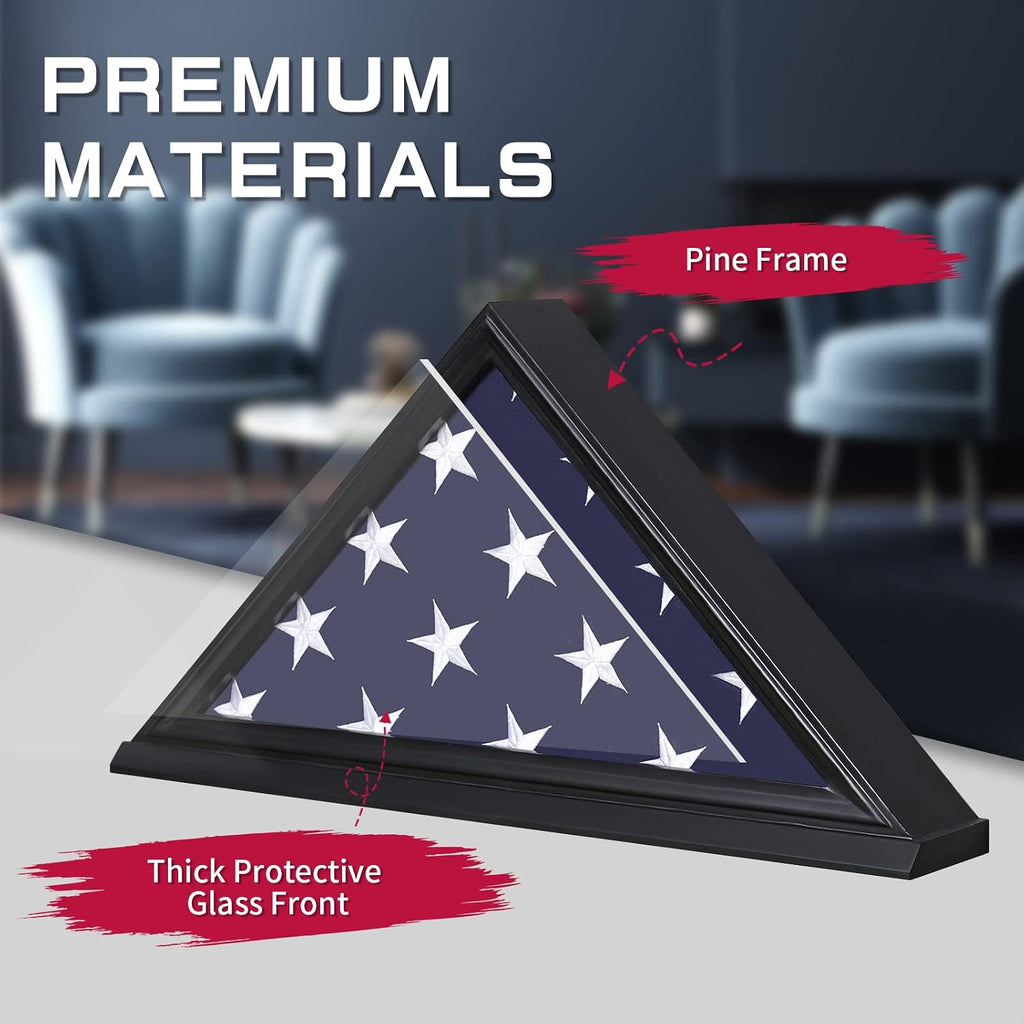 Flag Display Case, Thick Bottom Edge Military Flag Box with High Transparent Glass Front, Solid Wood Wall Mounted Flag Case Shadow Box for 5'x9.5' American Veteran Burial Flag (Black)