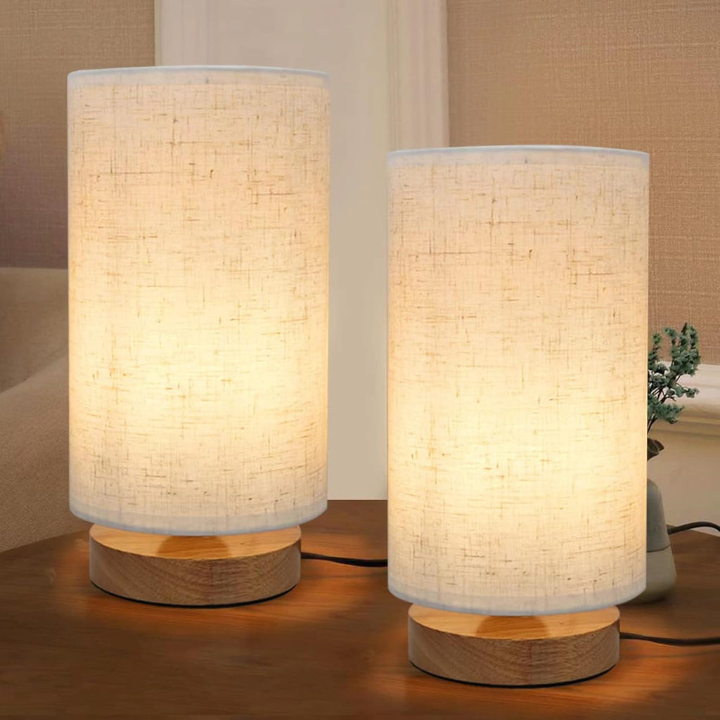 Table Lamps for Bedrooms Set of 2, Minimalist Bedside Lamps Set with Round Fabric Linen Shade,Reading Small Desk Lamp Set of 2 for Kids Room, Night Nightstand Lamp Set for Living Room, Office