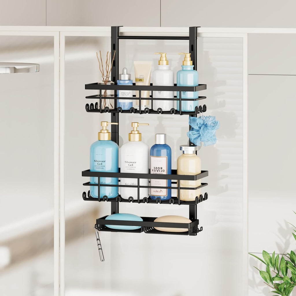 SWTYMIKI Over The Door Shower Caddy - 3 Tier Rustproof Hanging Shower Organizer with Adjustable Shelves, 28 Hooks & Soap Holder, Hanging Shower Rack Storage for Bathroom Accessories, Black