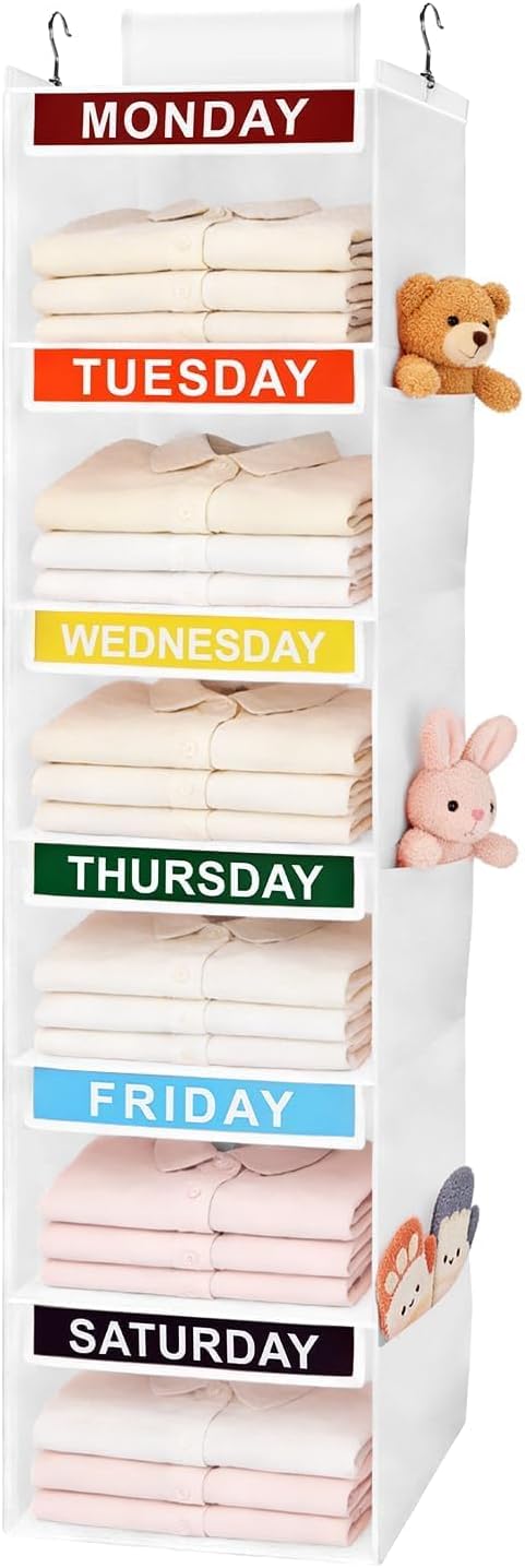 Weekly Clothes Organizer for Kids, 6-Shelf Kid Hanging Closet Organizer w/ 6 Side Pockets, Labeled Weekly Outfit Organizer for Kids, Days of The Week Clothes Organizer Monday Through Friday White